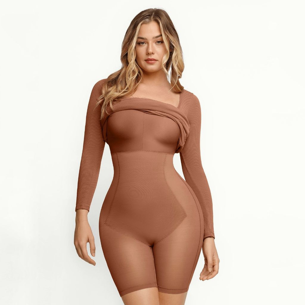 Popilush Shapewear Square Neck Long Sleeve Slimming Modal Maxi Dress brown XL NW - Picture 8 of 8